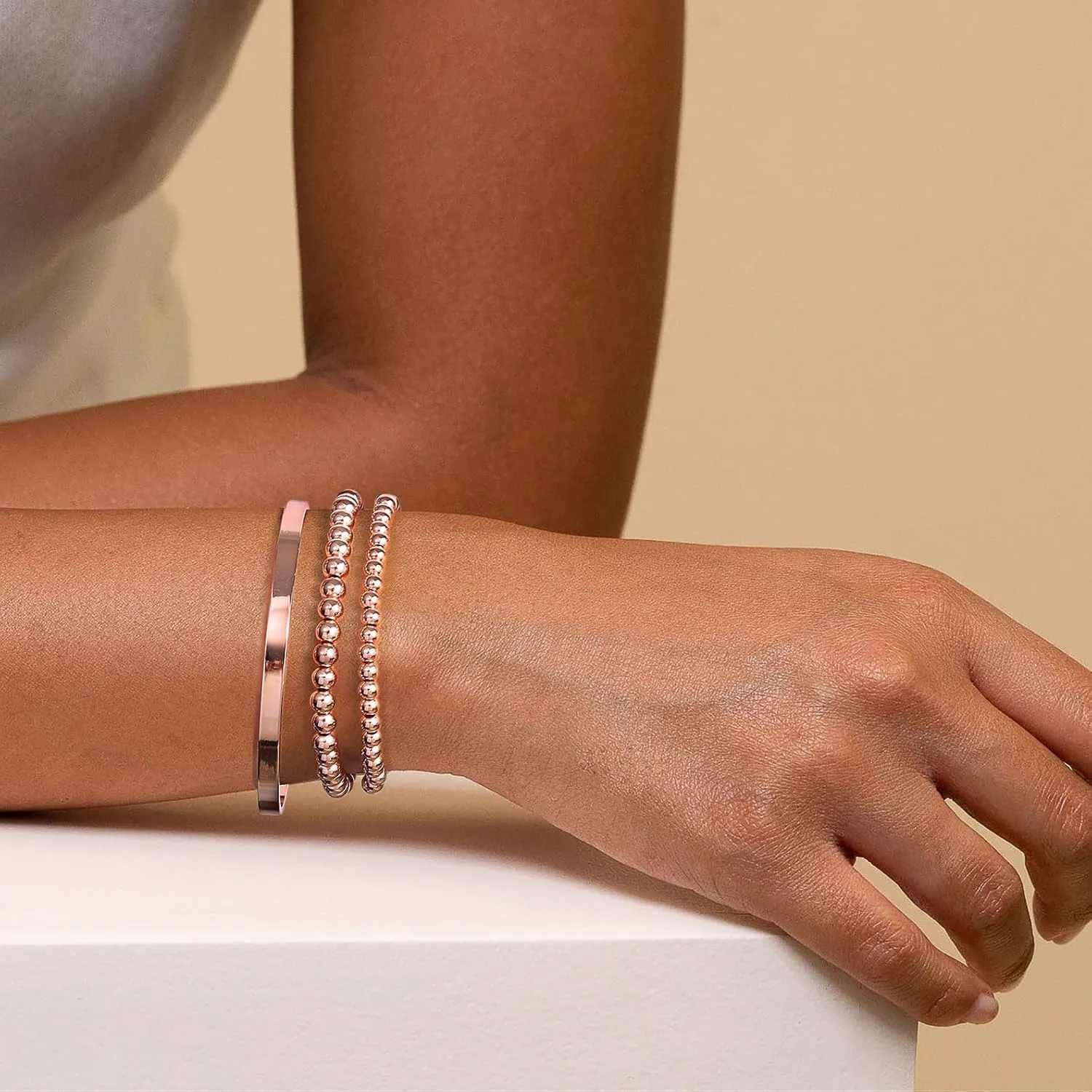 Starain Rose Gold Beaded Bracelets for Women 18K Gold Plated Beaded Ball Stackable Stretch Bracelet Gold Cuff Bangle Set