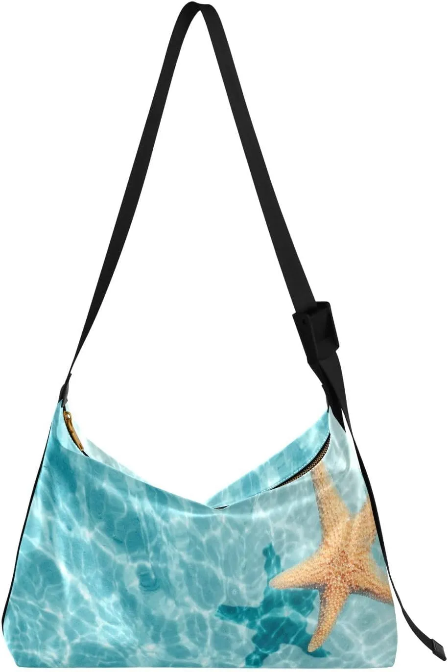 Starfish Summer Beach Hobo Crossbody Bags for Women Leather Large Shoulder Bag Cross Body Blue Sea Ocean Trendy Womens Tote Bags Handbag for Travel Shopping