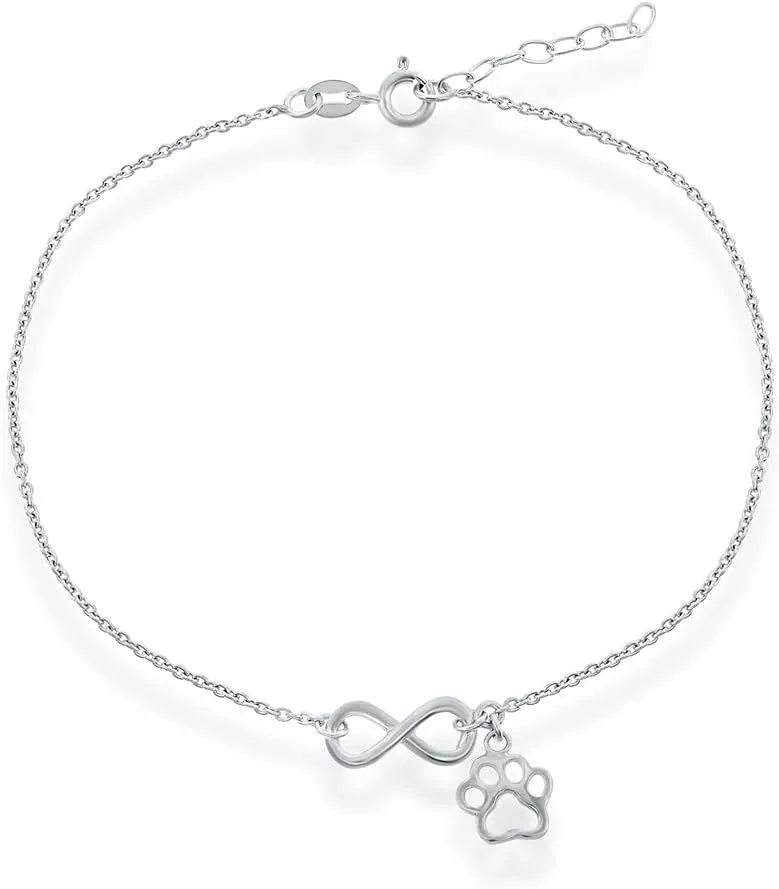 Sterling Silver Infinity and Paw Print Charms Anklet 9'' 1''