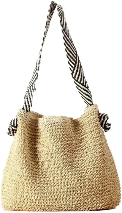 Straw Big Purse Shoulder Tote for Women Summer Beach Shoulder Handbag Straw-Woven Large Hobo Purse for Travel Beige