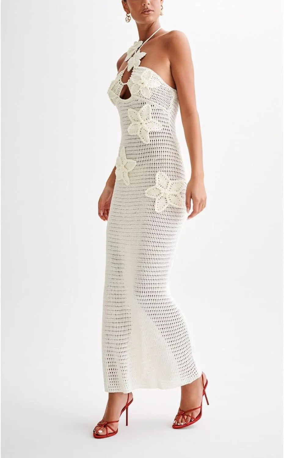 Summer 3D Flower Party Dresses Women's Halter Knitted Hollow Out Backless Dress Cover Up Holiday Party Maxi Robe