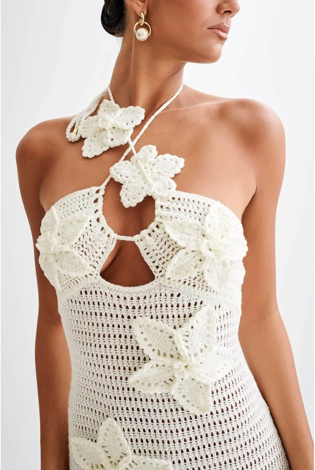 Summer 3D Flower Party Dresses Women's Halter Knitted Hollow Out Backless Dress Cover Up Holiday Party Maxi Robe
