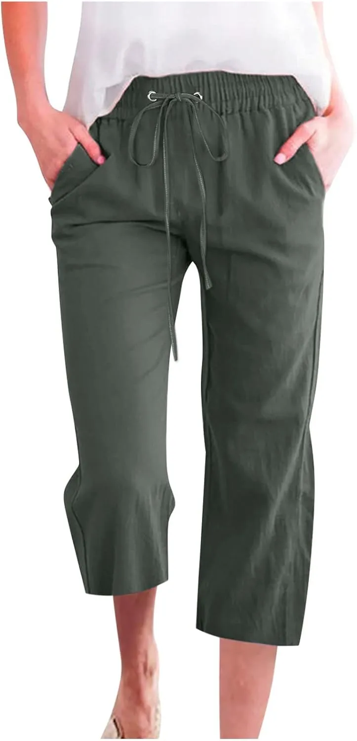 Summer Capri Pants for Women 2025 Drawstring Elastic Trousers Comfy Straight Leg Long Linen Lounge Beach Summer