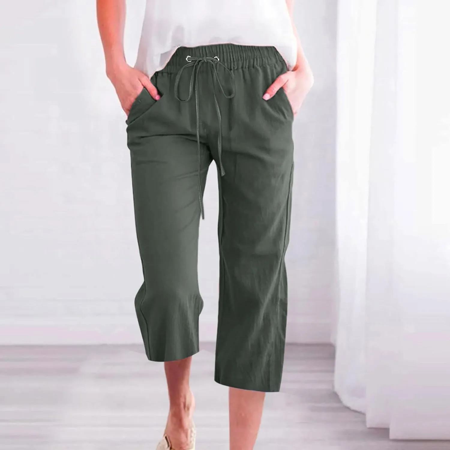 Summer Capri Pants for Women 2025 Drawstring Elastic Trousers Comfy Straight Leg Long Linen Lounge Beach Summer