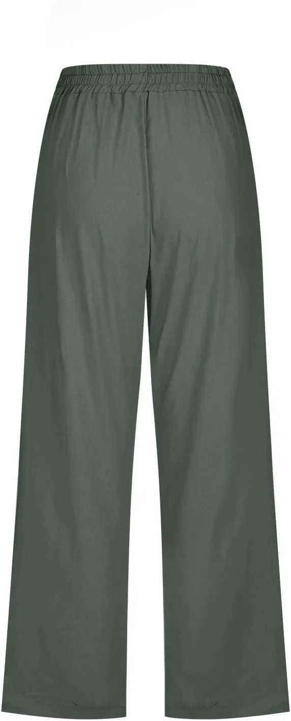 Summer Capri Pants for Women 2025 Drawstring Elastic Trousers Comfy Straight Leg Long Linen Lounge Beach Summer
