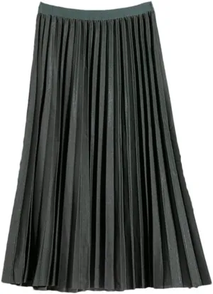 Summer Ladies Pleated Midi Skirt High Waist Solid Casual Mid-Calf Elastic Black Women Long Skirts