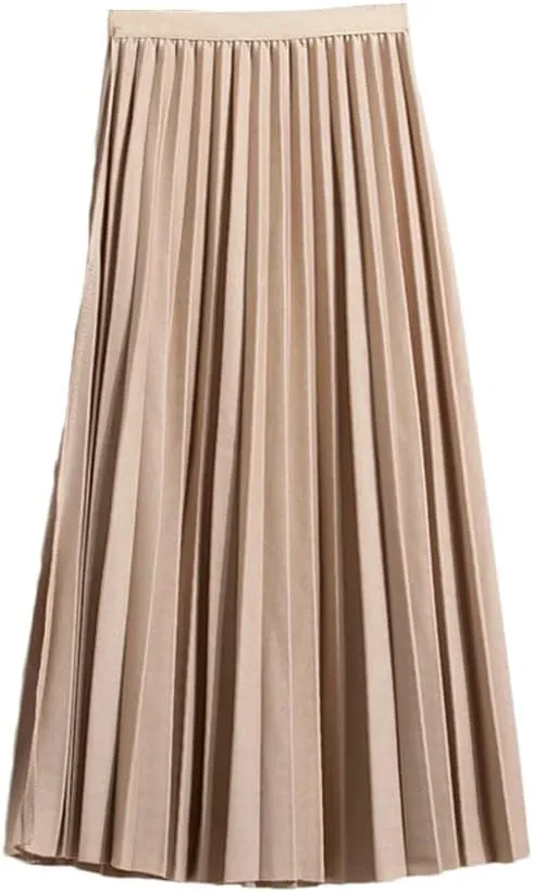 Summer Ladies Pleated Midi Skirt High Waist Solid Casual Mid-Calf Elastic Black Women Long Skirts