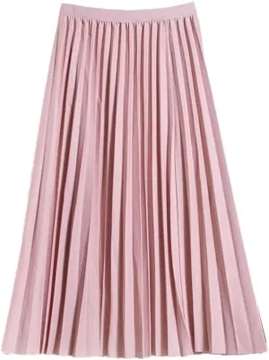 Summer Ladies Pleated Midi Skirt High Waist Solid Casual Mid-Calf Elastic Black Women Long Skirts