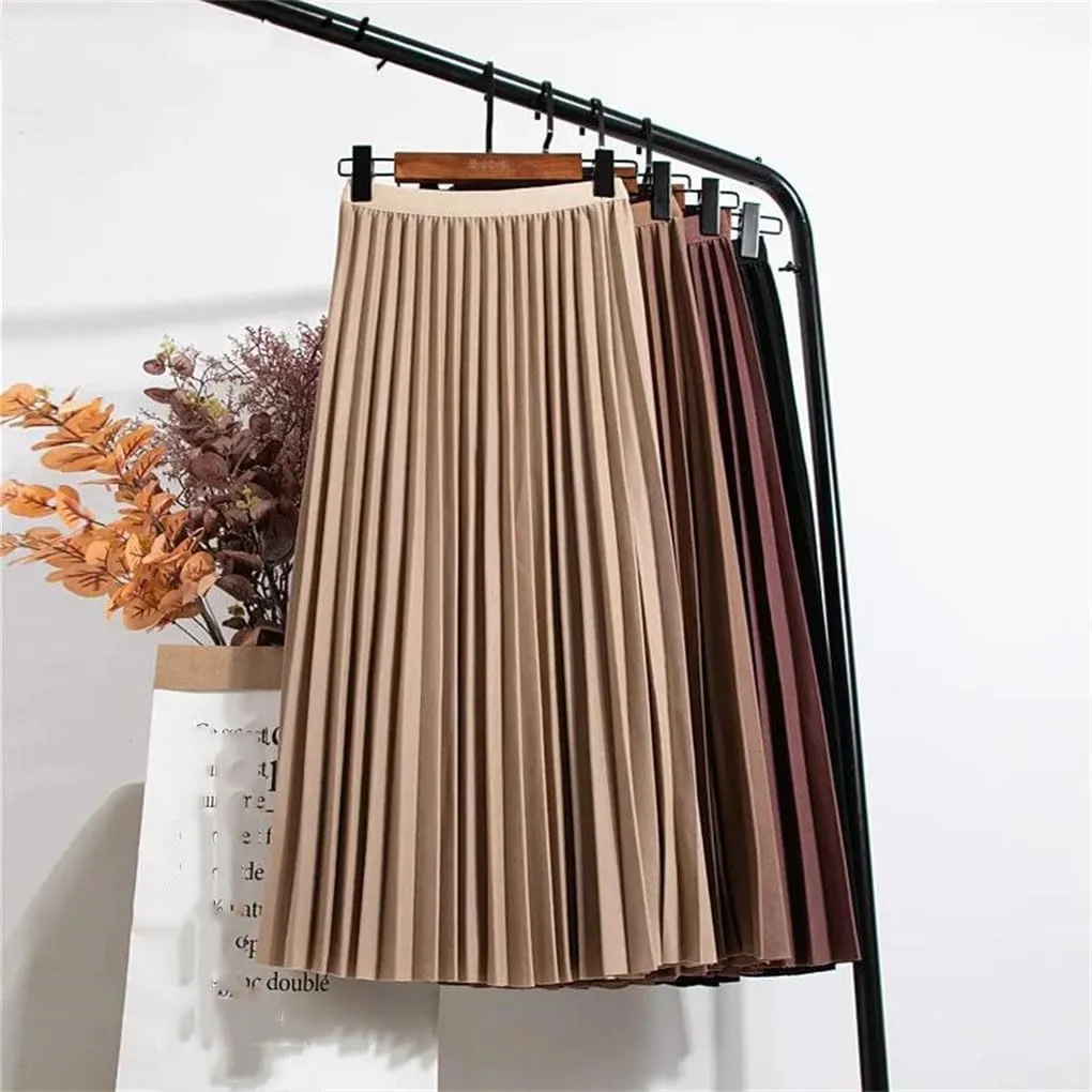Summer Ladies Pleated Midi Skirt High Waist Solid Casual Mid-Calf Elastic Black Women Long Skirts