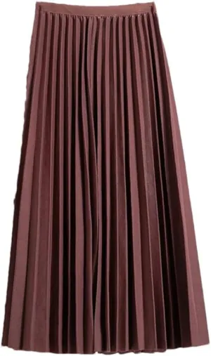 Summer Ladies Pleated Midi Skirt High Waist Solid Casual Mid-Calf Elastic Black Women Long Skirts
