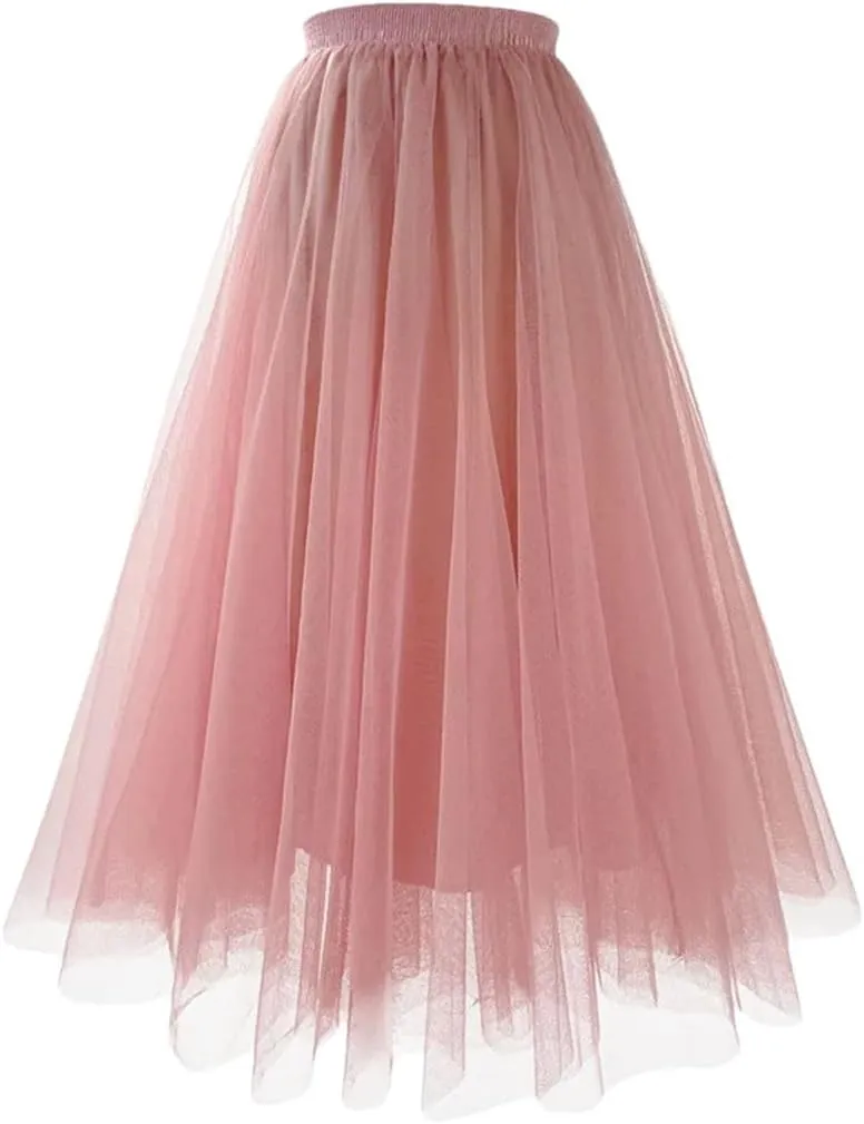Summer Mesh Tulle Pleated A-Line Skirt Prom Clothes for Women High Waist Blue Midi Tulle Skirts Woman Dance Skirt