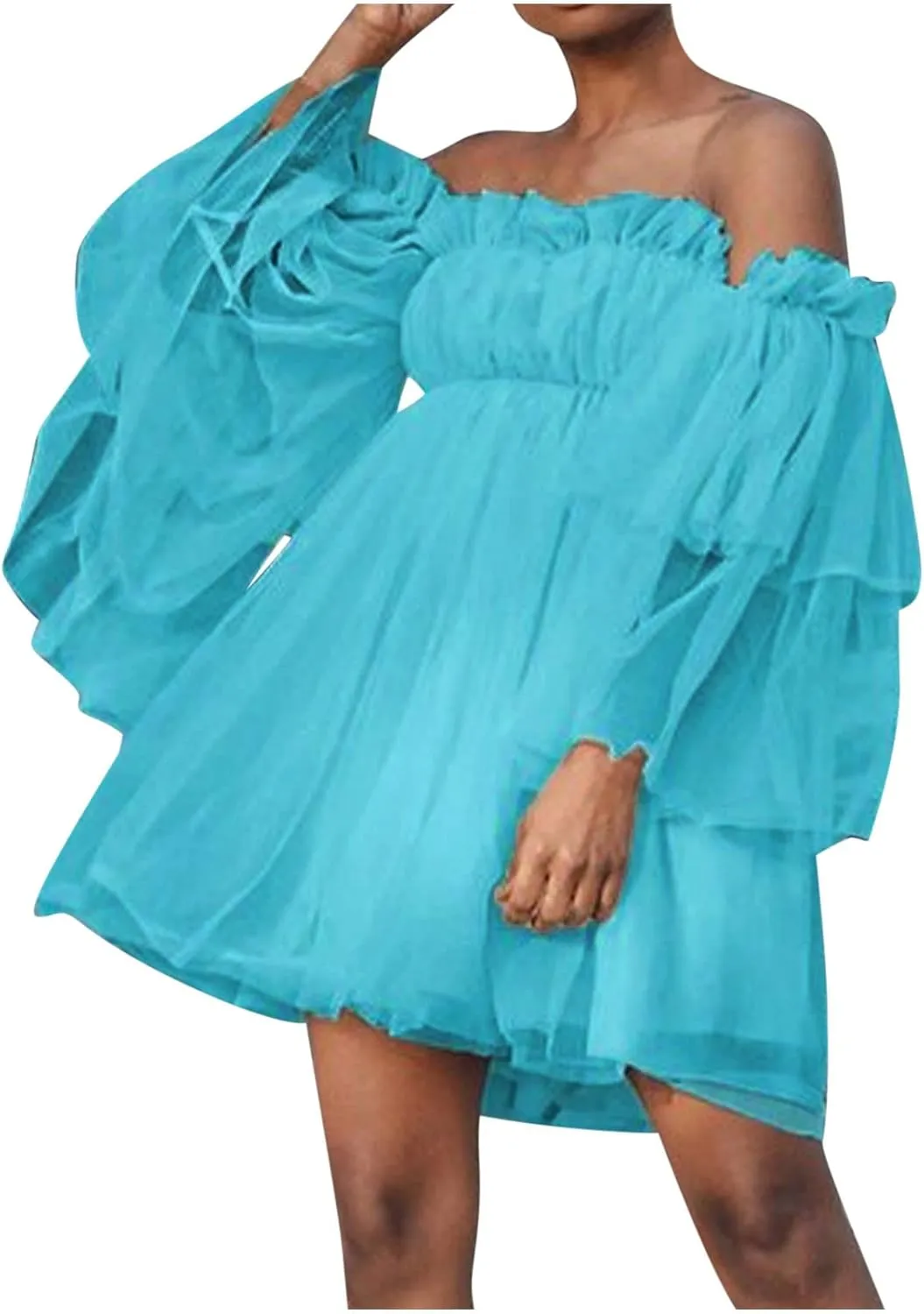 Summer Off The Shoulder Ruffle Mini Dresses for Women Puff Sleeve Backless Swing A-Line Dress Cute Tulle Tutu Dress