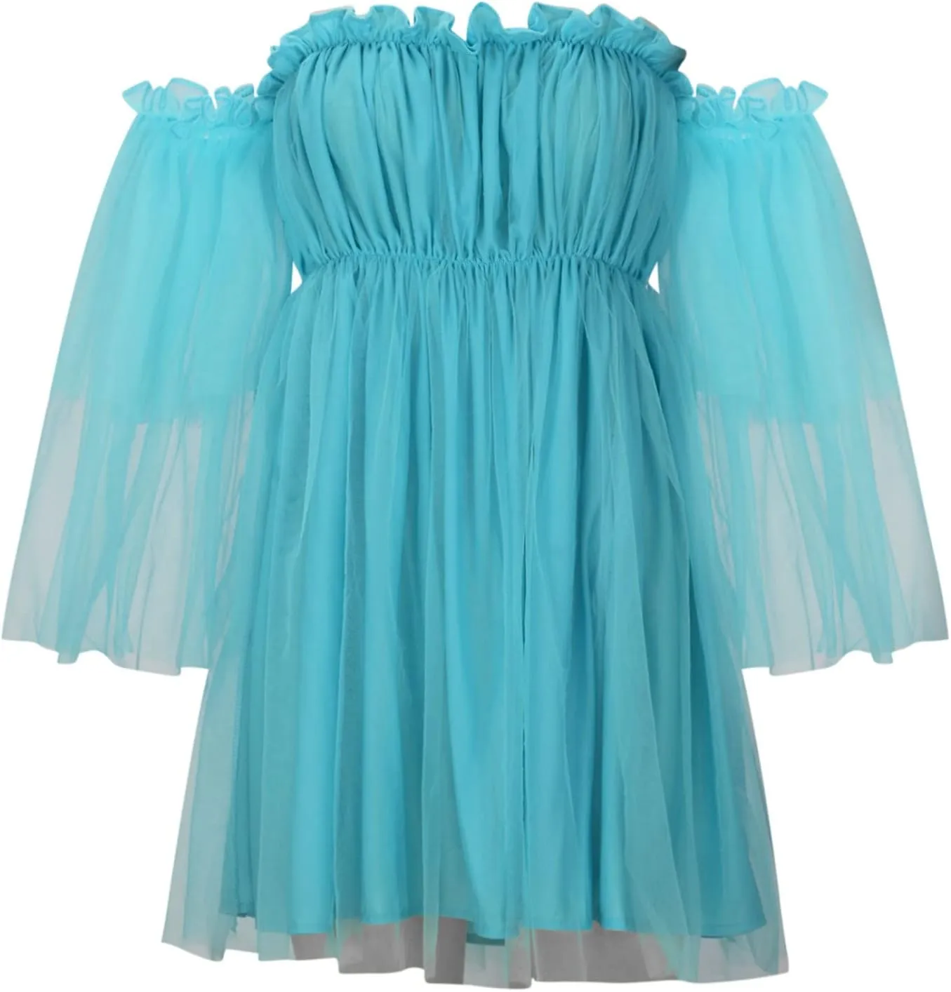 Summer Off The Shoulder Ruffle Mini Dresses for Women Puff Sleeve Backless Swing A-Line Dress Cute Tulle Tutu Dress