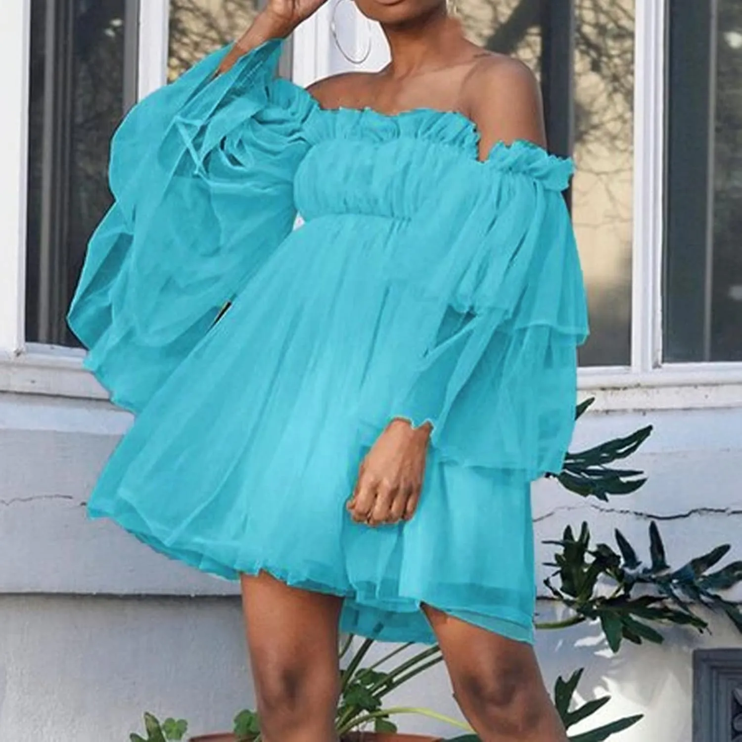 Summer Off The Shoulder Ruffle Mini Dresses for Women Puff Sleeve Backless Swing A-Line Dress Cute Tulle Tutu Dress