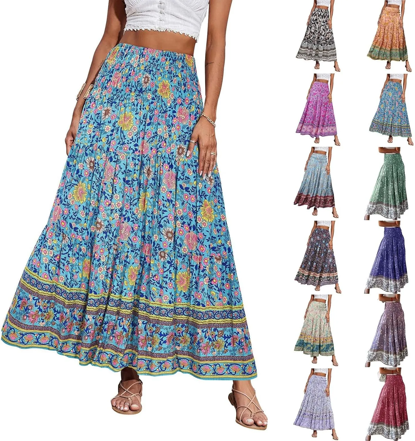 Summer Skirts for Women 2025 Loose Trendy Floral Print Elastic Waist Lightweight Boho Flowy Maxi Skirt, S-2XL