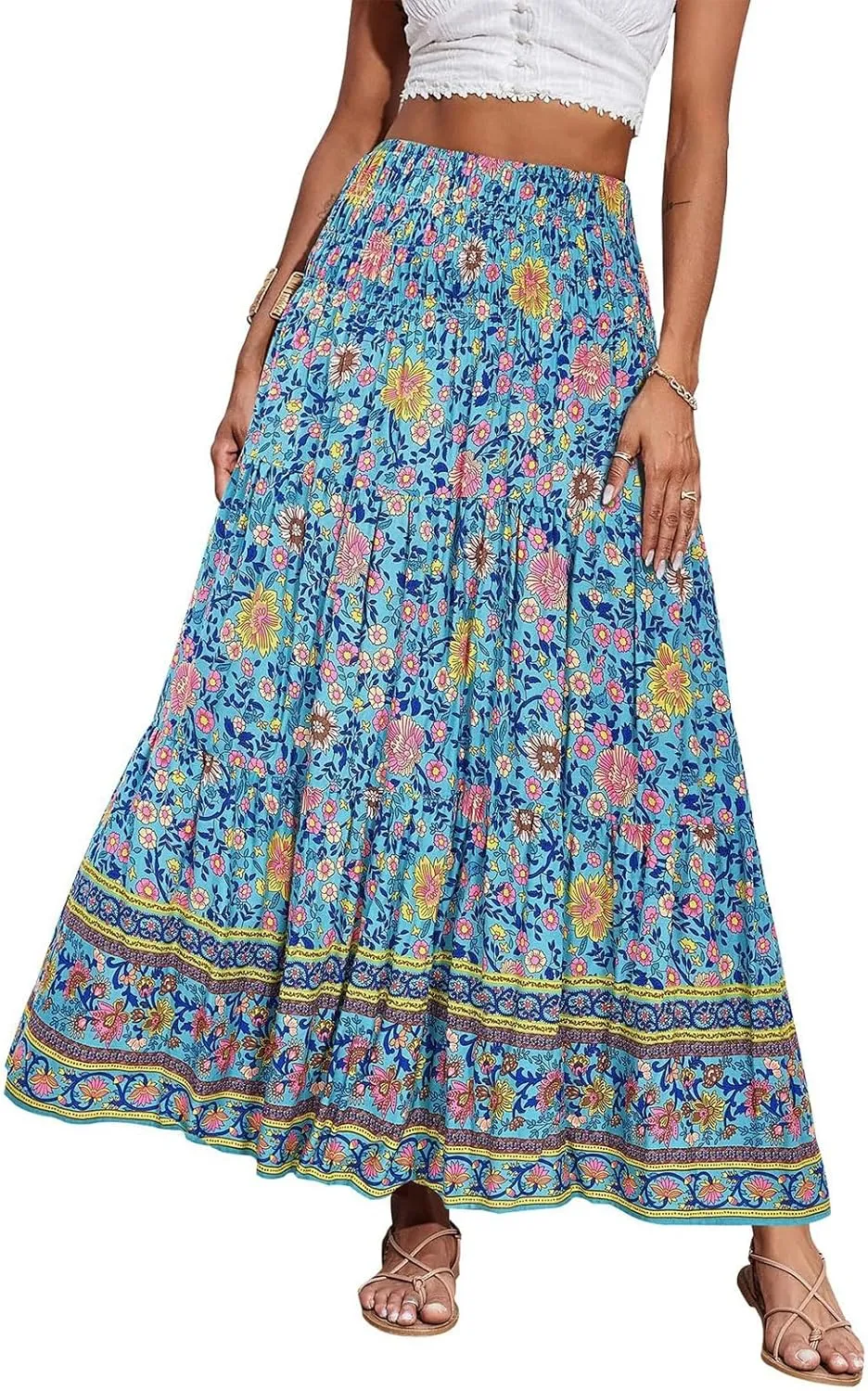 Summer Skirts for Women 2025 Loose Trendy Floral Print Elastic Waist Lightweight Boho Flowy Maxi Skirt, S-2XL