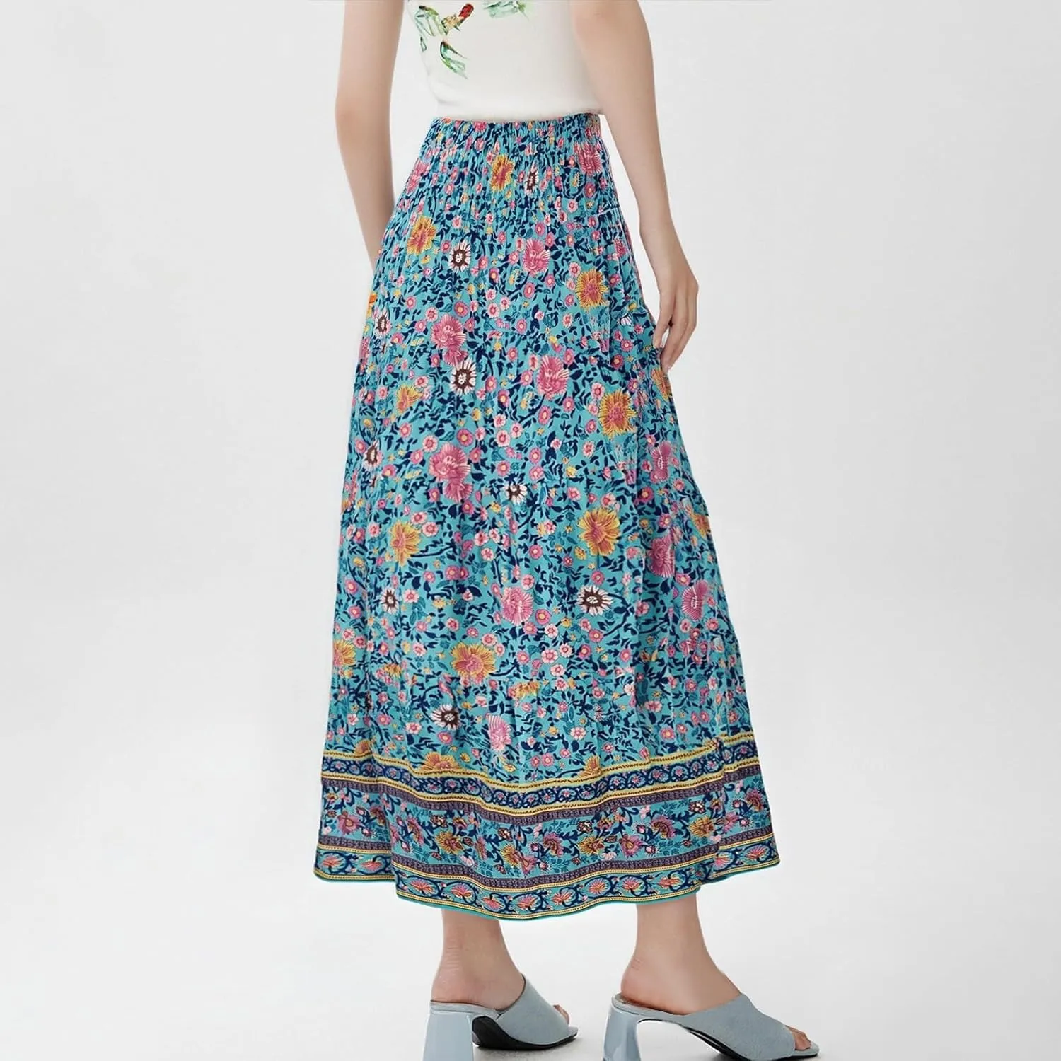 Summer Skirts for Women 2025 Loose Trendy Floral Print Elastic Waist Lightweight Boho Flowy Maxi Skirt, S-2XL