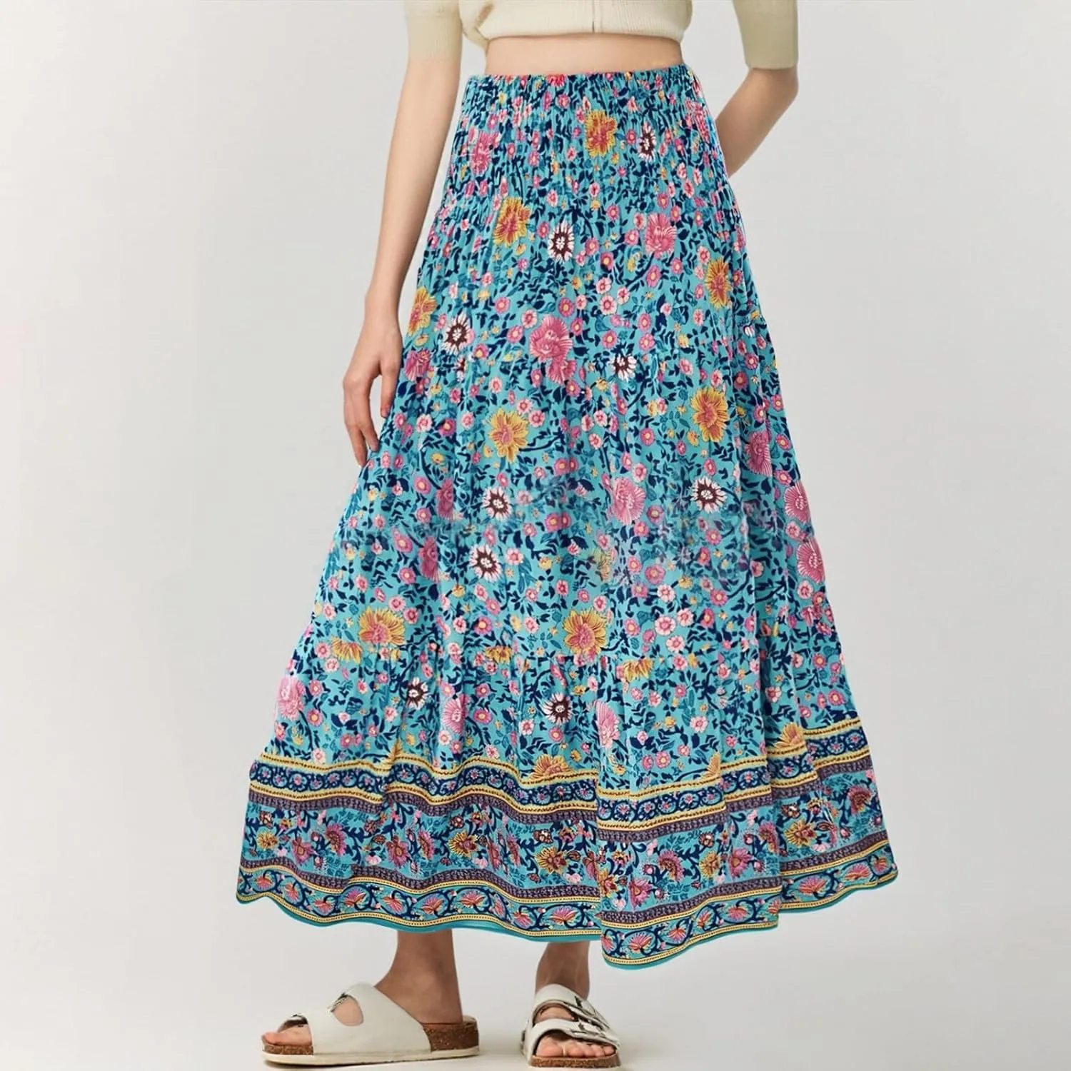 Summer Skirts for Women 2025 Loose Trendy Floral Print Elastic Waist Lightweight Boho Flowy Maxi Skirt, S-2XL