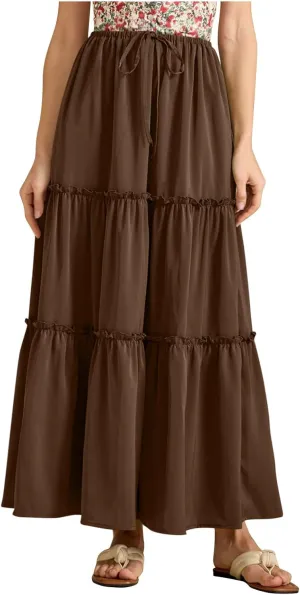 Summer Skirts for Women Elegant Smocked Layered Tiered Maxi Skirt Flowy High Waisted A Line Long Dress