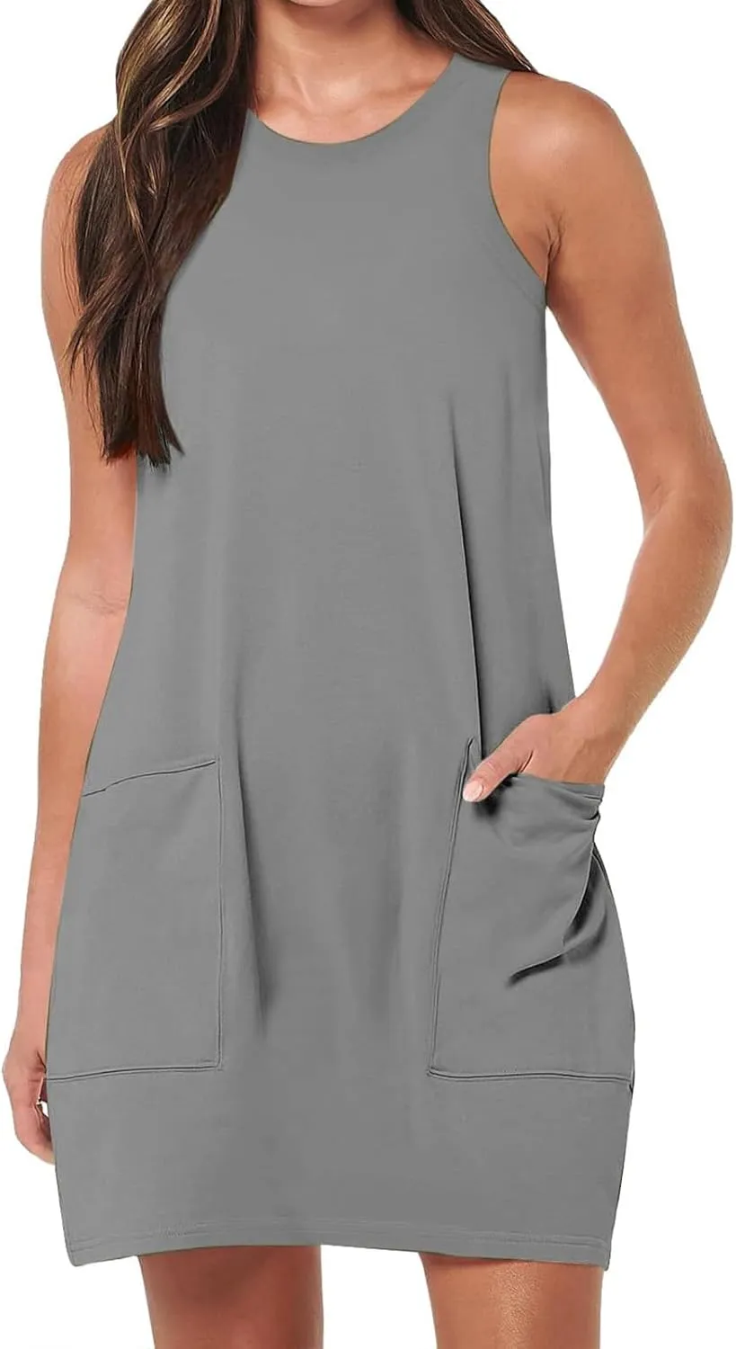 Summer Vest Dresses for Women Crewneck Sleeveless Tshirt Tank Mini Dress Casual Vacation Sundress with Pockets