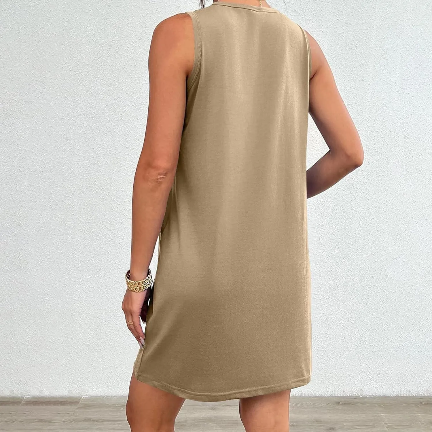 Summer Vest Dresses for Women Crewneck Sleeveless Tshirt Tank Mini Dress Casual Vacation Sundress with Pockets