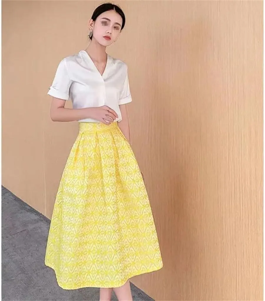 Summer Yellow Beach Dress Elegant High-Waist Pleated Midi Skirt Basic Party Skirt