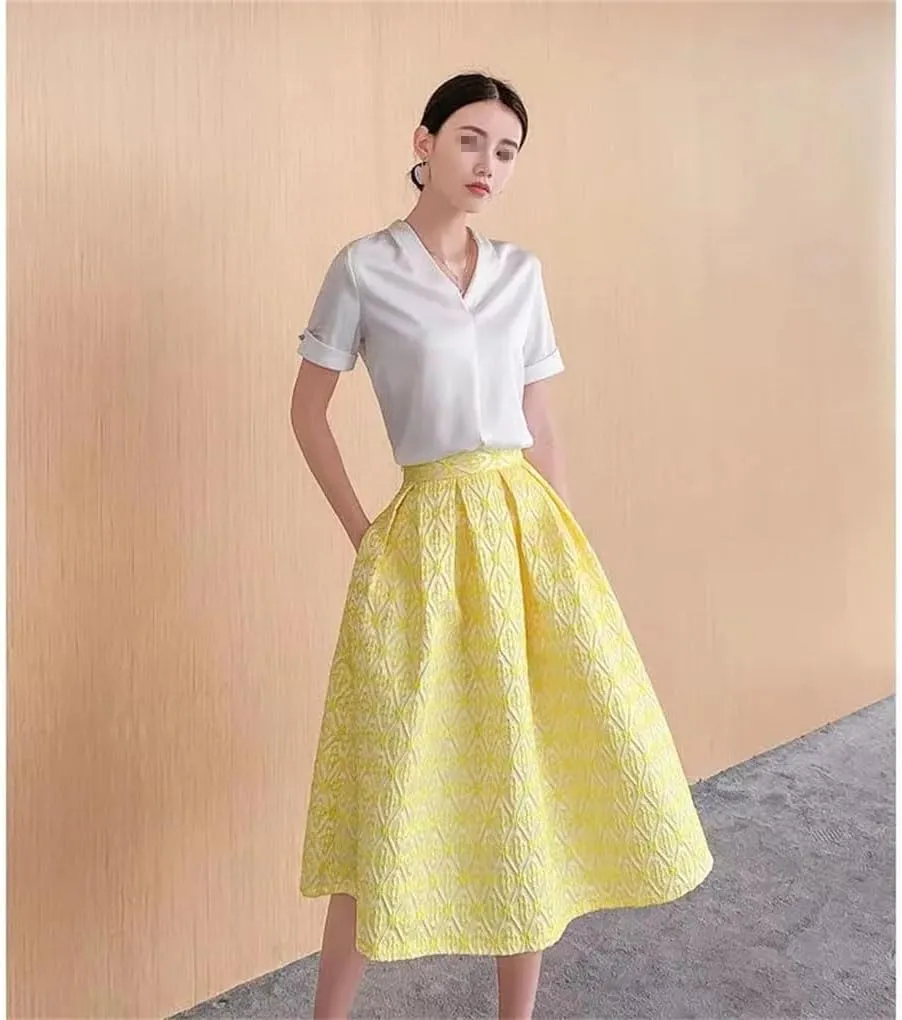 Summer Yellow Beach Dress Elegant High-Waist Pleated Midi Skirt Basic Party Skirt