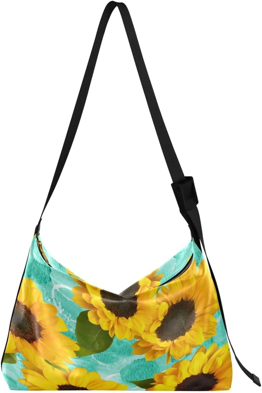 Sunflowers Teal Spring Hobo Crossbody Bags for Women Leather Large Shoulder Bag Cross Body Floral Yellow Green Trendy Womens Tote Bags Handbag for Travel Shopping
