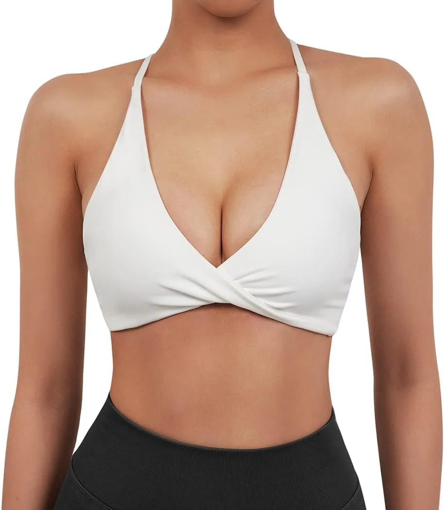 SUUKSESS Women 2 Piece Open Back Strappy Sports Bra Pack Twist V Neck Workout Crops
