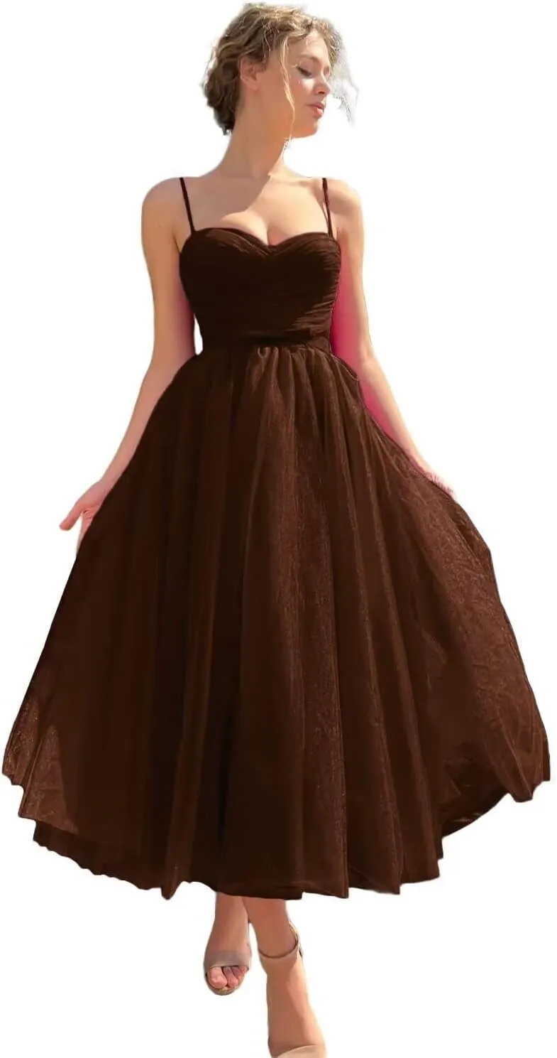 Tea Length Tulle Prom Dresses for Women 2025 A Line Midi Formal Party Gonws with Pockets PA372