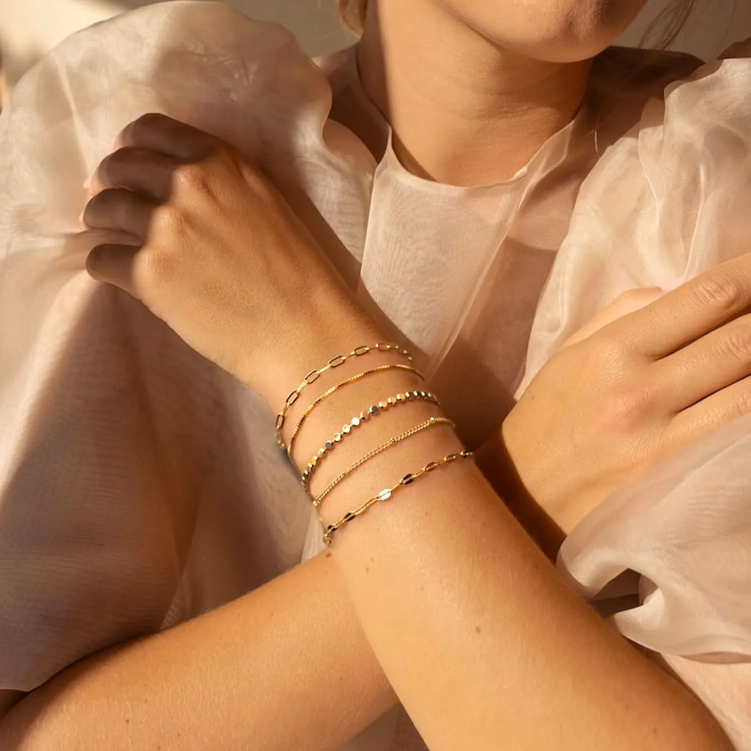Trendy Gold Bracelets for Women Dainty 14K Gold Plated Stackable Bracelet Minimalist Jewelry Stack Set Waterproof Cuban Link Paperclip Chain Gifts