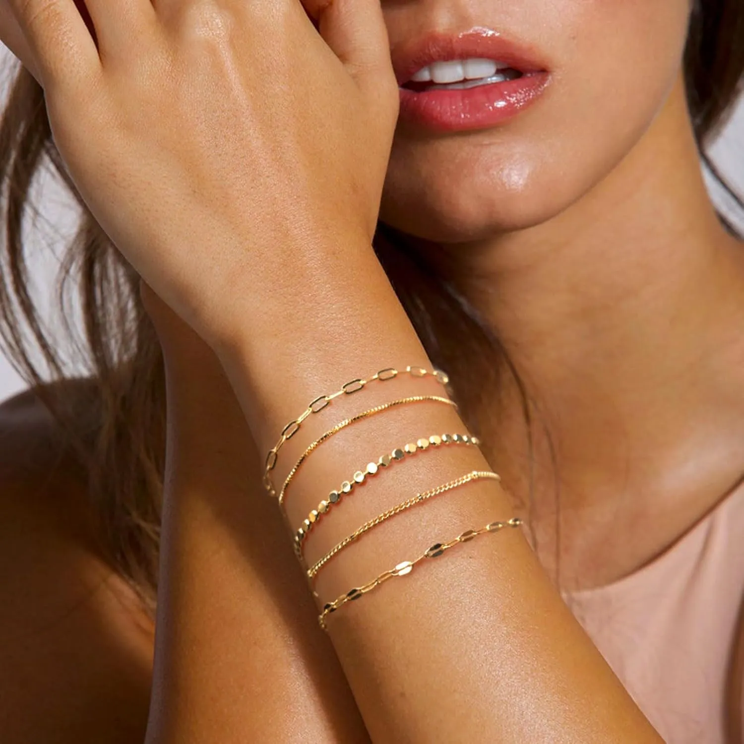 Trendy Gold Bracelets for Women Dainty 14K Gold Plated Stackable Bracelet Minimalist Jewelry Stack Set Waterproof Cuban Link Paperclip Chain Gifts