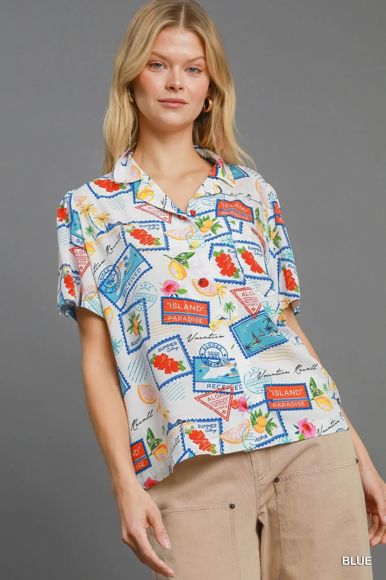 Umgee Tropical Resort Print Button-Down Top