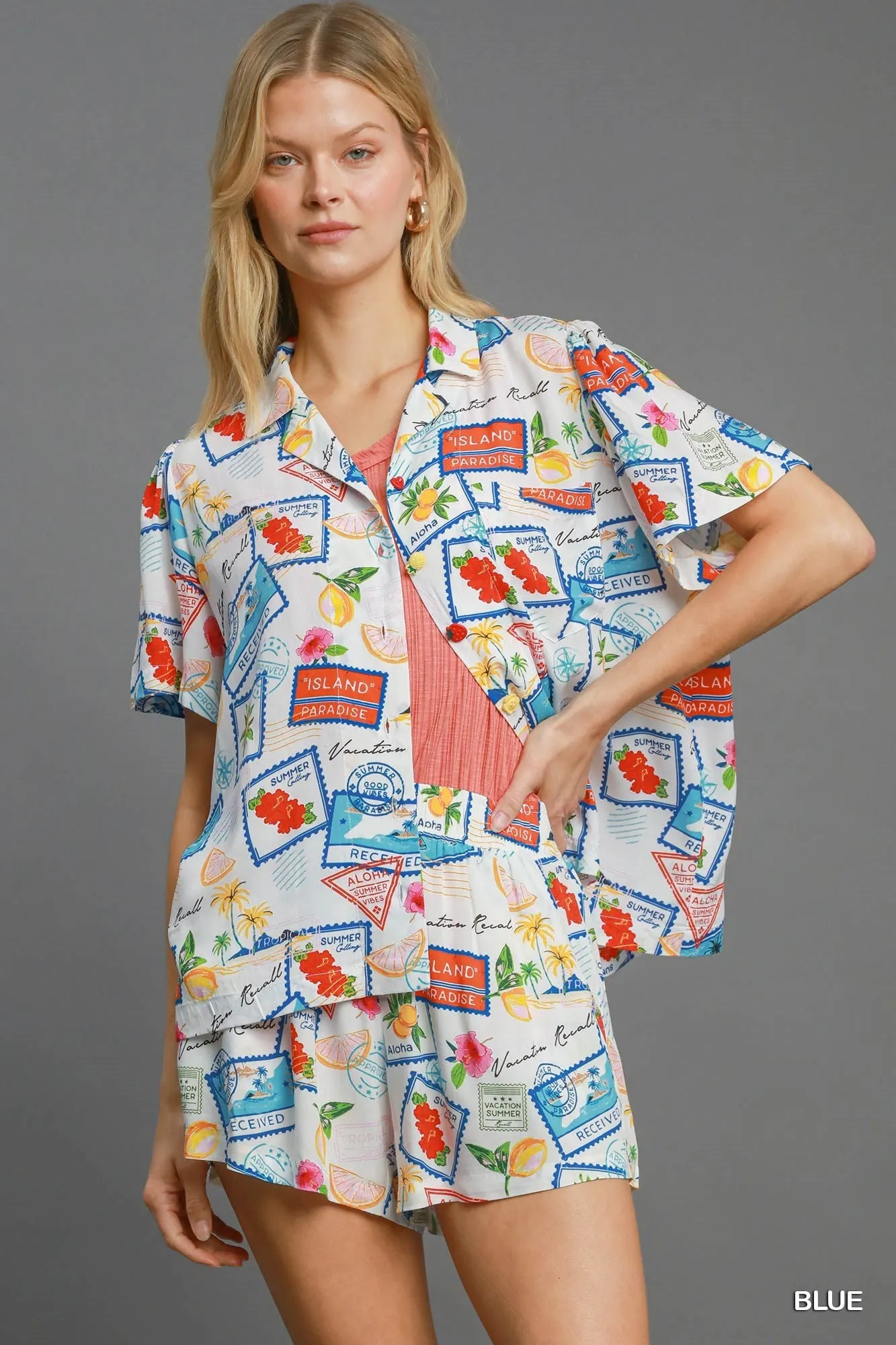 Umgee Tropical Resort Print Button-Down Top