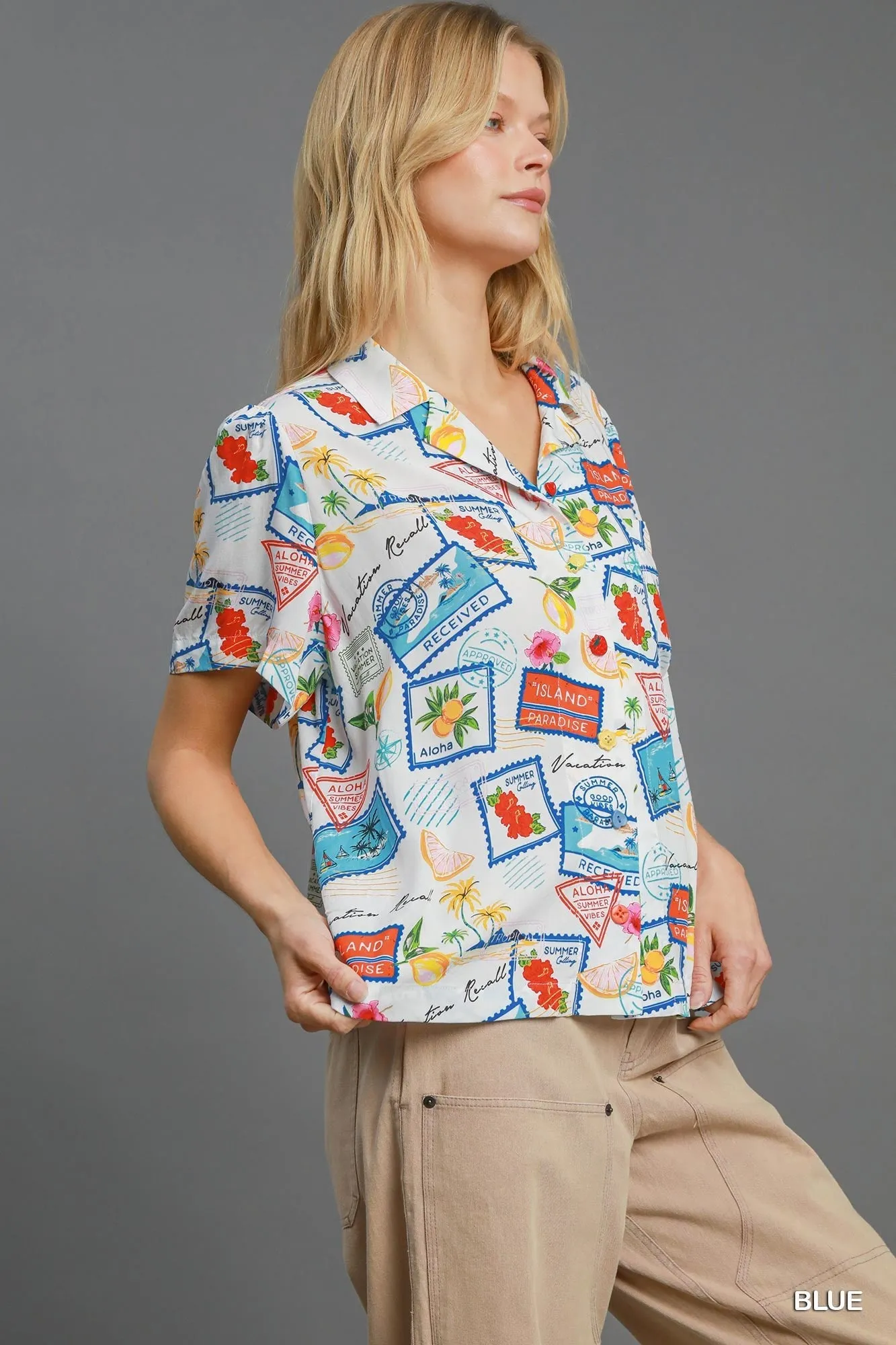 Umgee Tropical Resort Print Button-Down Top