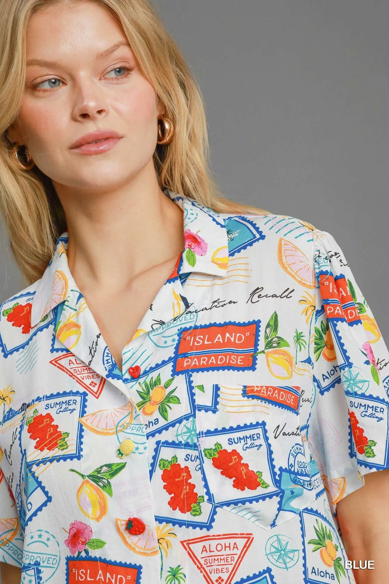 Umgee Tropical Resort Print Button-Down Top