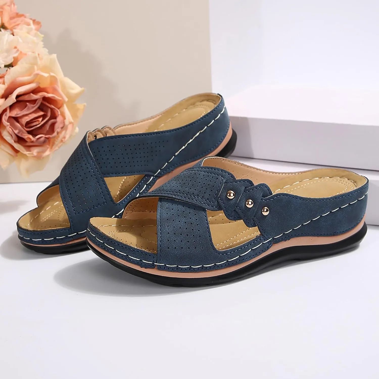 Vacation Sandals for Women Dressy Soft Sole Wedge Sandals Open Toe Orthopedic Slippers Slip On Beach Summer Shoes