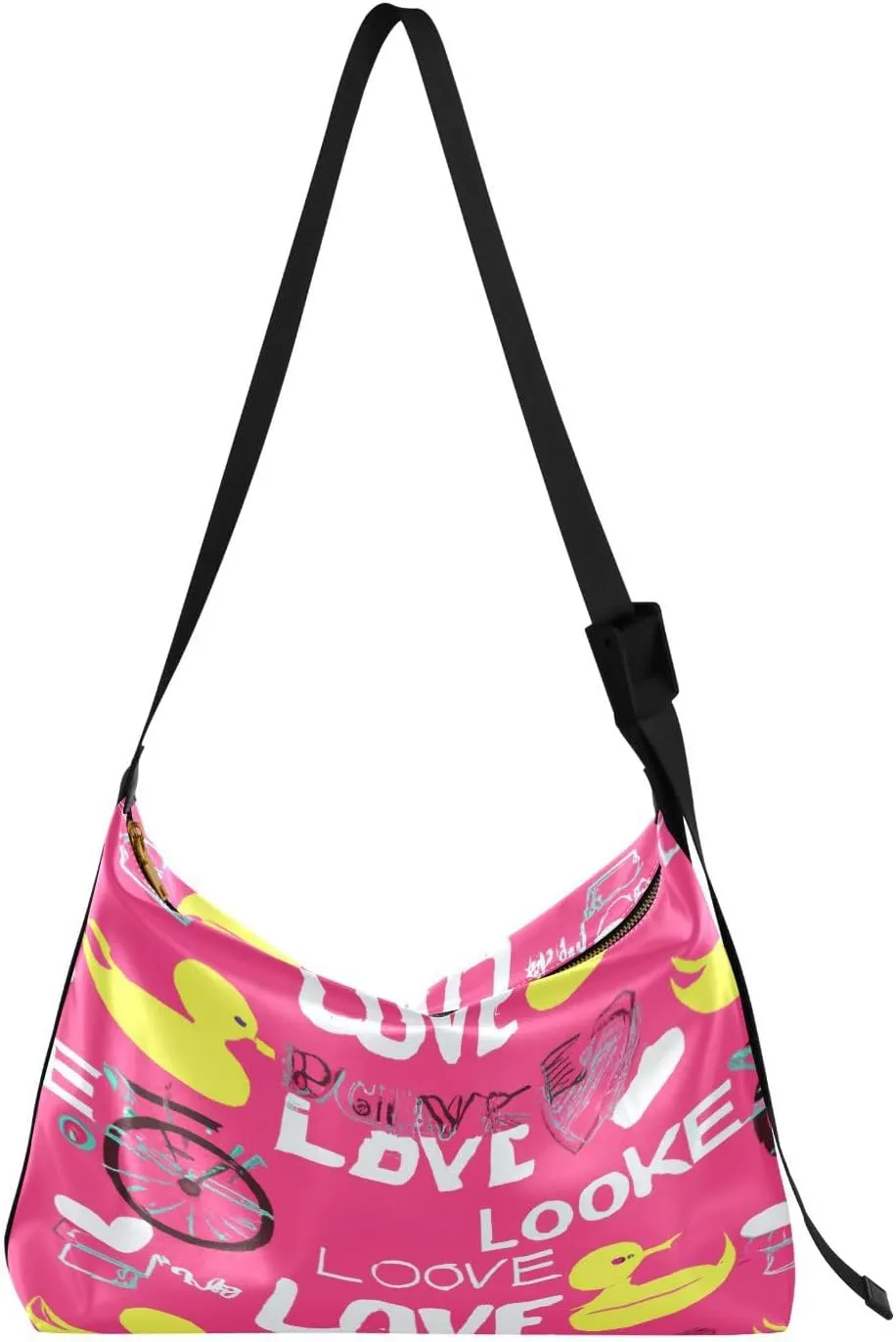 Valentines Day Cute Duck Hobo Crossbody Bags for Women Leather Large Shoulder Bag Cross Body Love Pink Trendy Womens Tote Bags Handbag for Travel Shopping