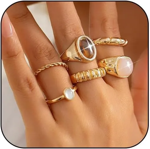 Vintage Boho Crystal Rings Set Chunky Retro Style Gold Statement Big Fashion Western Antique Hippie Knuckle Cocktail Ring Stack Jewelry for Women