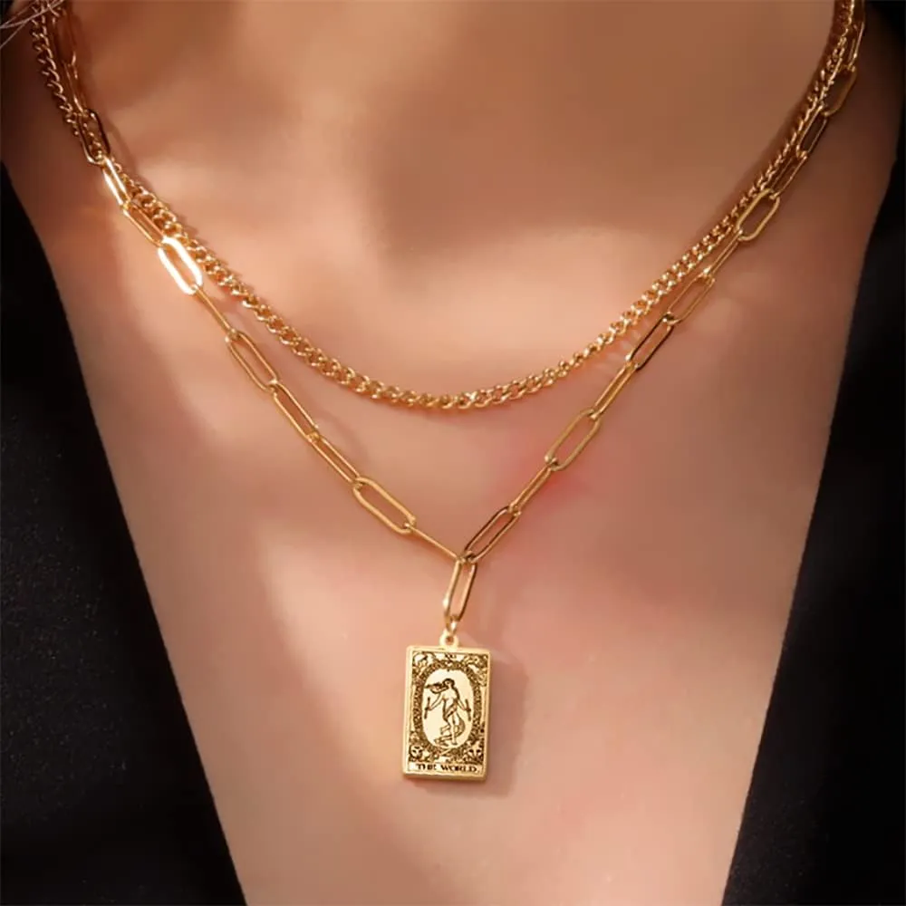 Vintage Double Layer Tarot Necklace The Major Arcana Pagan Astrology Talisman Pendants Good Luck Amulet Esotericism Jewelry Gift