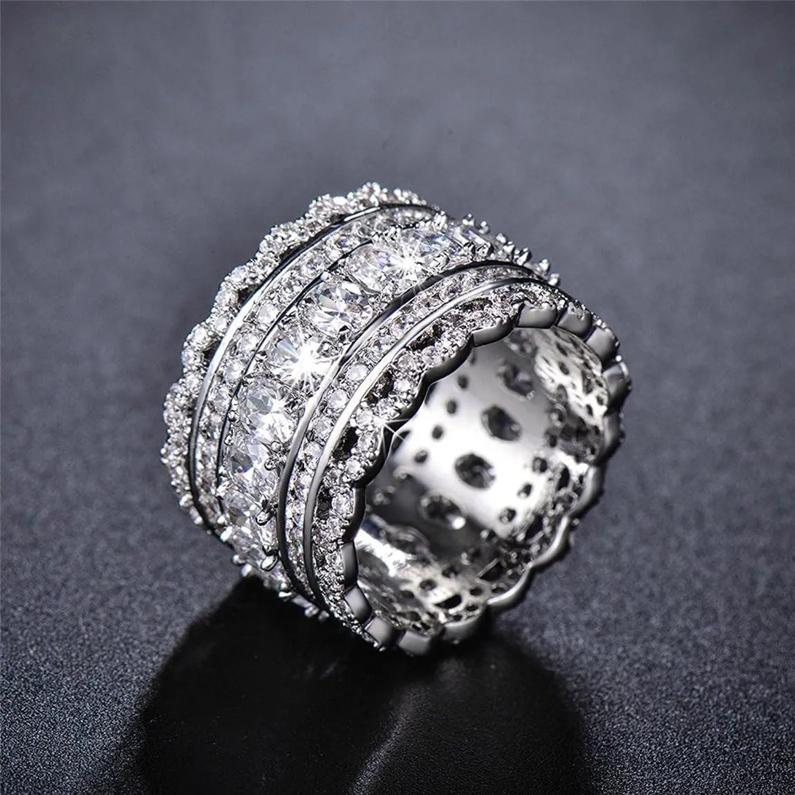 Vintage Princess Cubic Zirconia Wide Wedding Band Eternity Statement Cocktail Ring 18k White Gold Plated Jewelry