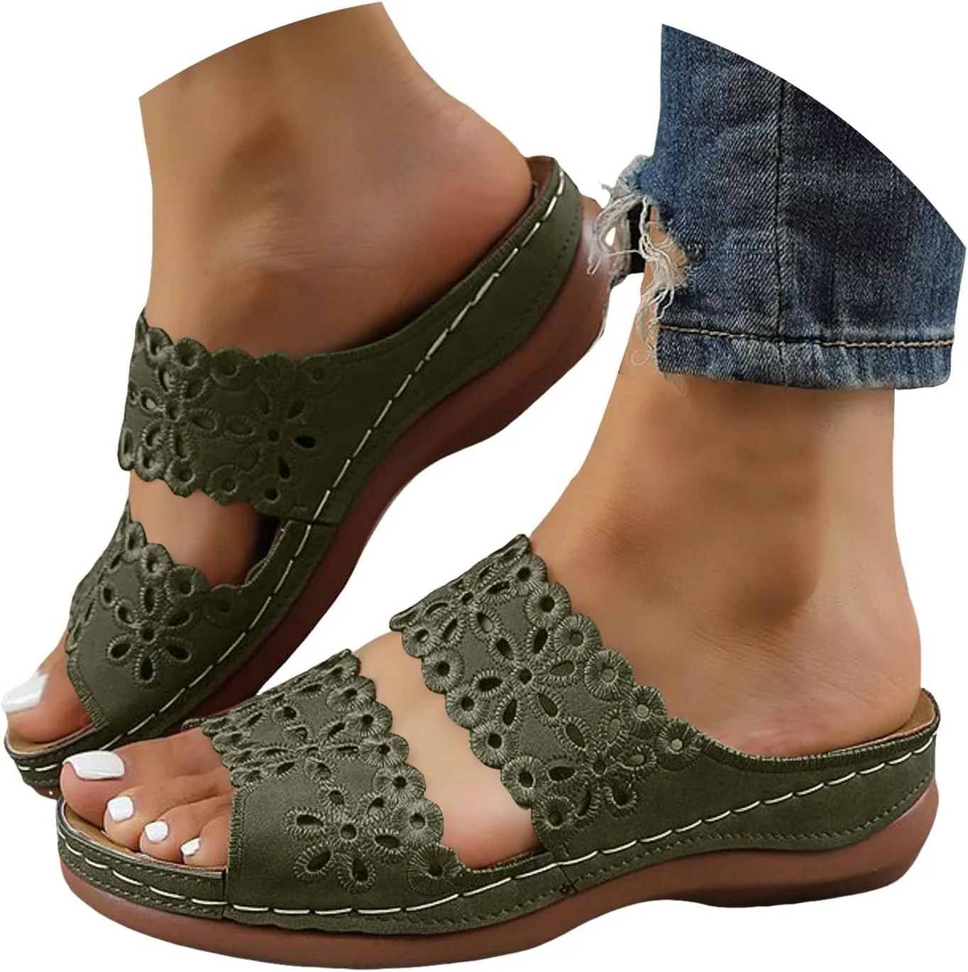 Wedge Sandals for Women Floral Hollow Out Orthopedic Sandals Fashion Wide Width Wedge Recovery Sandals