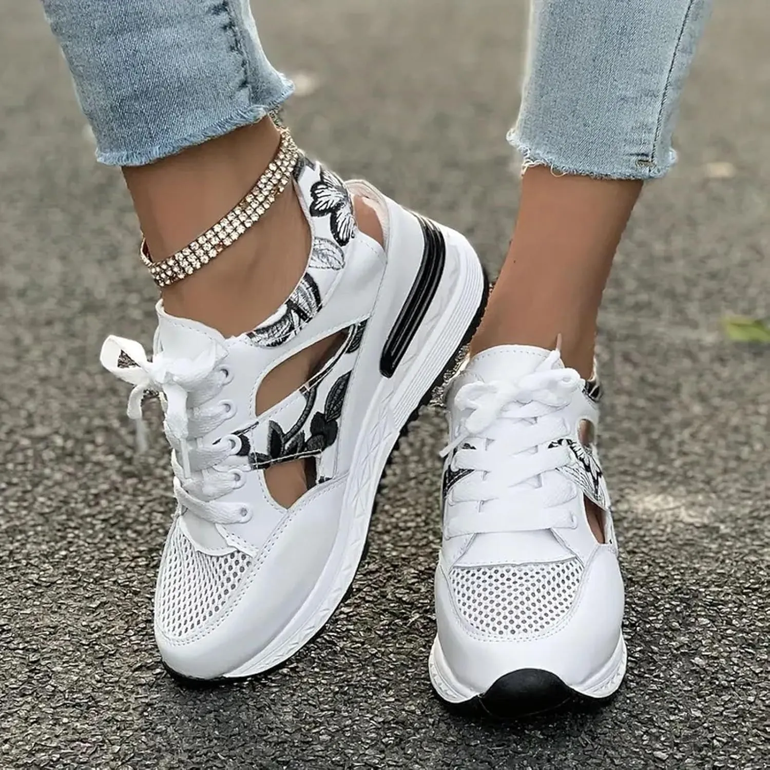Wedge Sandals for Women Lace-Up Sneakers Hollow Out Breathable Mesh Non-Slip Summer Shoes Summer Sport Walking