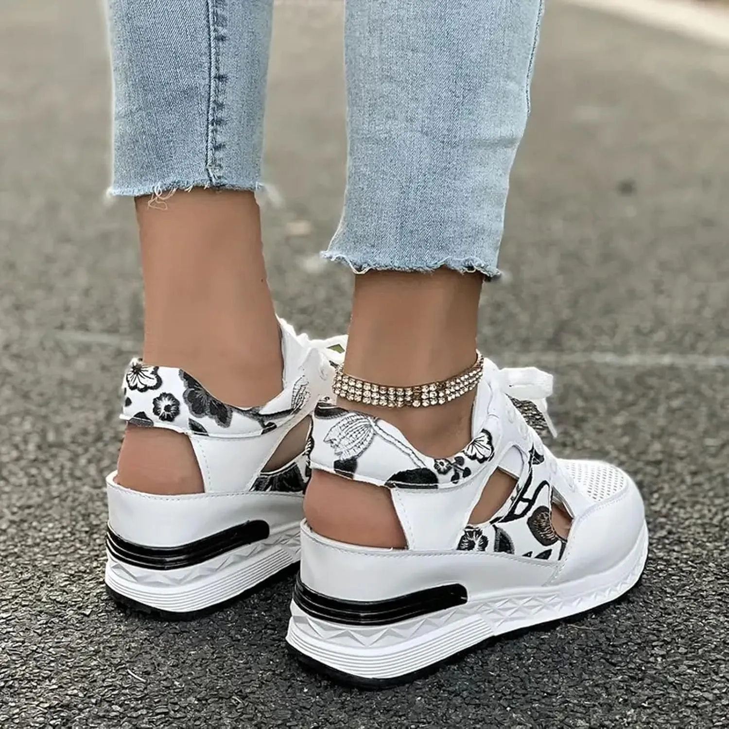 Wedge Sandals for Women Lace-Up Sneakers Hollow Out Breathable Mesh Non-Slip Summer Shoes Summer Sport Walking
