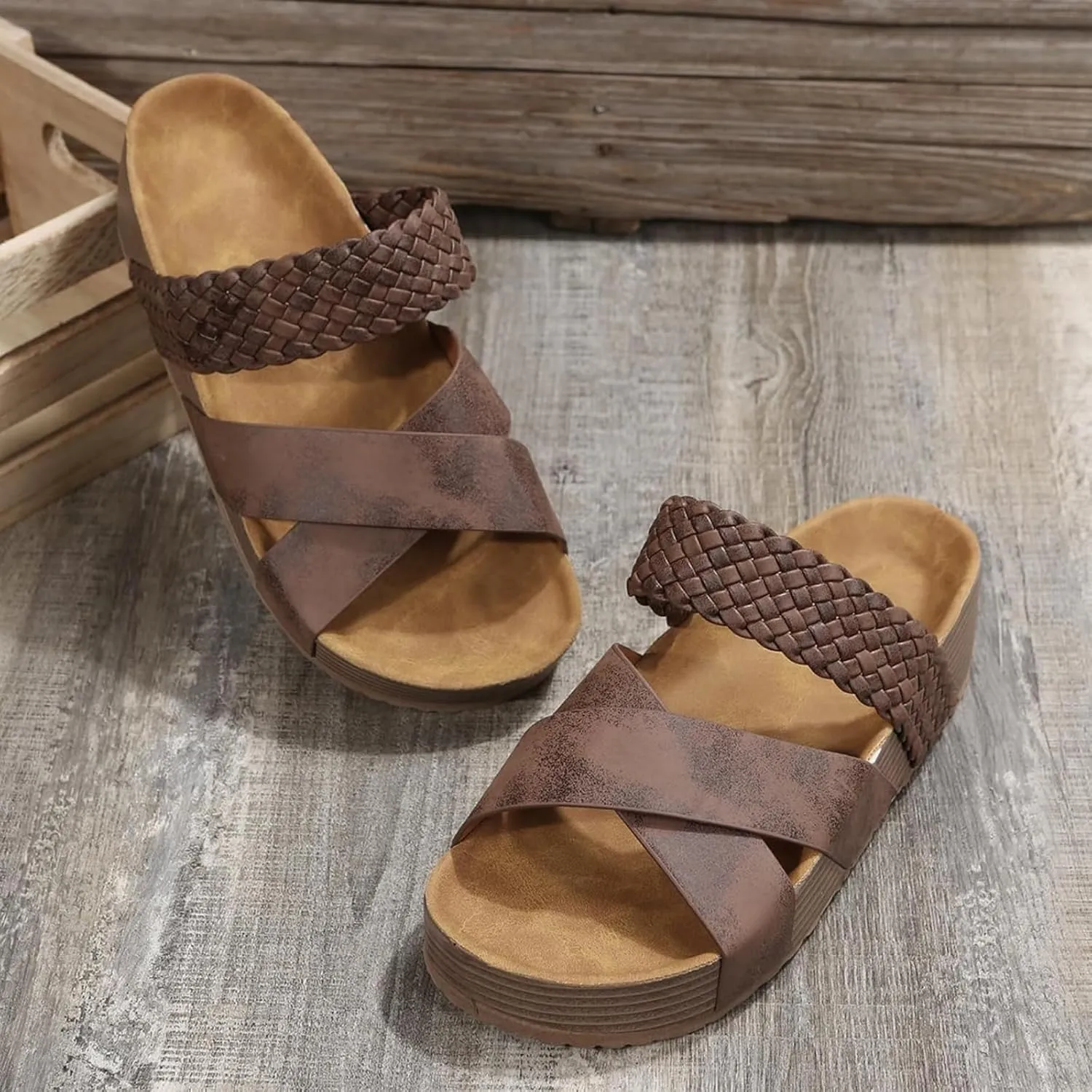 Wedge Sandals for Women Open Toe Flat Sandals with Arch Support Plus Size Cross Platform Slippers Non-Slip Summer Beach Vacation Shoes