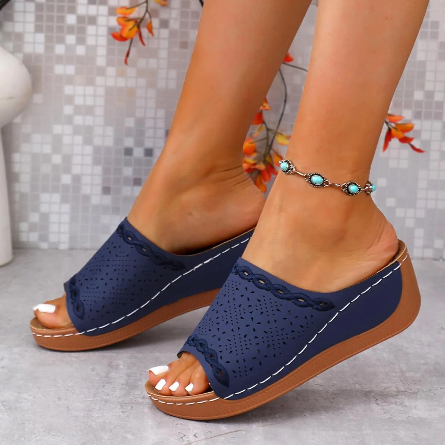 Wedge Sandals for Women Summer Casual Comfortable Arch Support Leather Slides Orthotic Slip On Walking Sandals Shoes