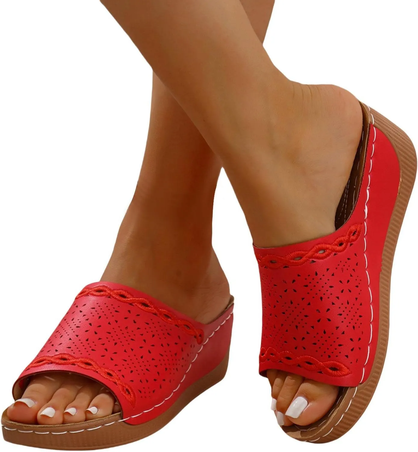 Wedge Sandals for Women Summer Casual Comfortable Arch Support Leather Slides Orthotic Slip On Walking Sandals Shoes