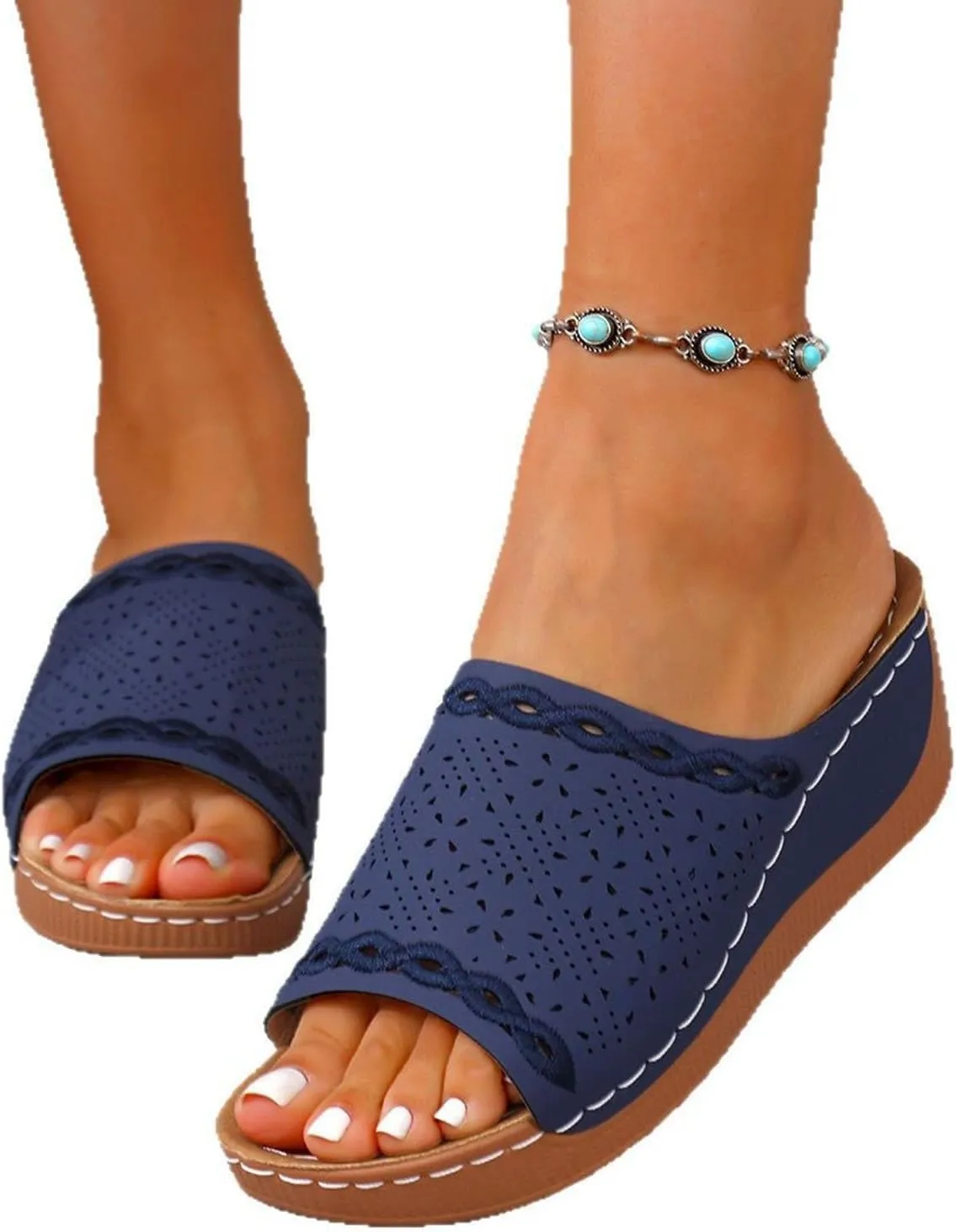 Wedge Sandals for Women Summer Casual Comfortable Arch Support Leather Slides Orthotic Slip On Walking Sandals Shoes