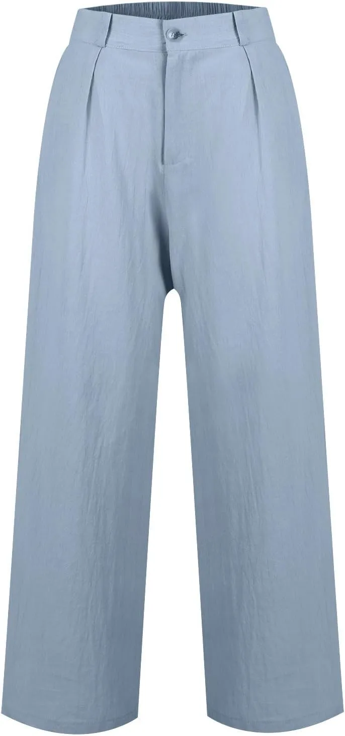 Wide Leg Linen Pants for Women 2025 Trendy Lightweight Summer Palazzo Pants Straight Leg Work Trousers with Pockets