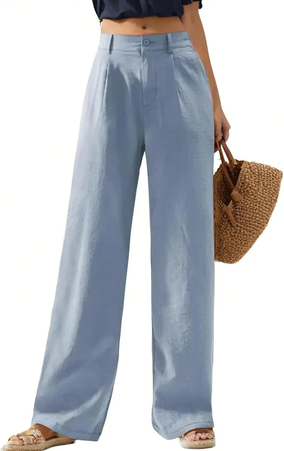 Wide Leg Linen Pants for Women 2025 Trendy Lightweight Summer Palazzo Pants Straight Leg Work Trousers with Pockets